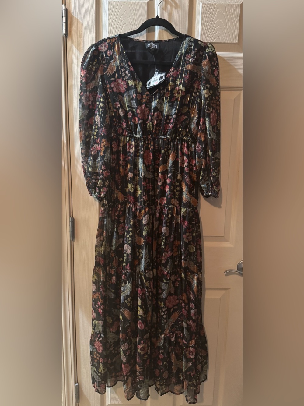 NWT Angie Black Metallic Floral Tiered Fall Maxi Dress, Size Large
